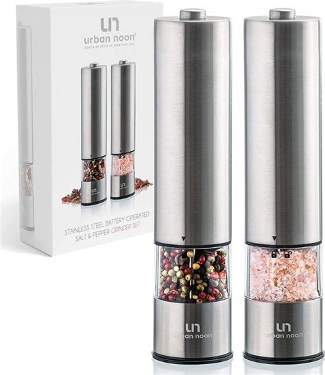 urban noon Electric Salt and Pepper Grinder Set - Battery Operated Stainless Steel Mill with Light (2 Mills) - Automatic One Handed Operation. . Urban noon salt and pepper grinder